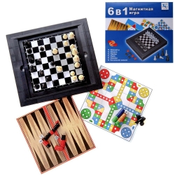 Игра настольная магнитная 6в1 (шахматы, шашки, нарды, лудо, змейка, китайские шашки) Артикул: 8188-5. 