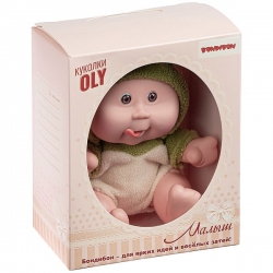 Кукла малыш Oly толстощёкий с улыбкой, Bondibon, размер 8", зелён.костюм, ВОХ 17,8х14,5х10,3 см, арт Артикул: ВВ5071. 