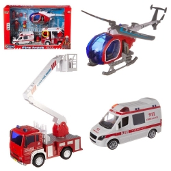 Игровой набор Junfa Служба спасения (пожарная машина, скорая помощь, вертолет, акссесуары), со световыми и звуковыми эффектами, в коробке Артикул: 9929C. 