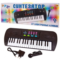 Синтезатор черный 37 клавиш,с микрофоном, эл/мех, с адаптером в комплекте, 53x6x19,2 Артикул: D-00062. 